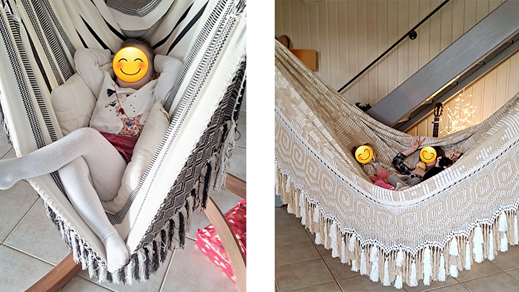 deux photos dans l'image : la premiere photo est un enfant de 4 ans installé confortablement dans un hamac chaise de Colombie noir et blanc. la deuxième photo est trois enfants à l'intérieur d'un chinchorro Wayuu, installé dans le salon d'une maison. Un répit pour les enfants