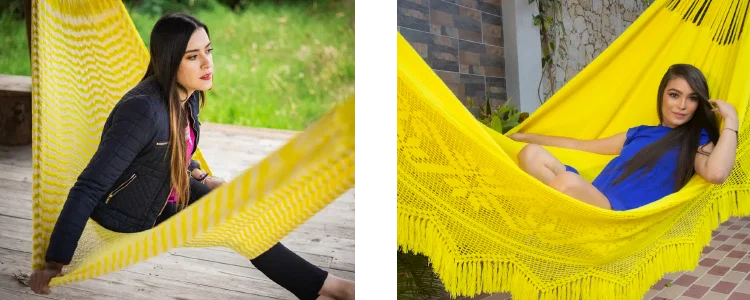 Hamac mexicain en taille XL en couleur jaune. Un hamac chaleureux et joyeux qui favorise la concentration, sous une pergola , dans une chambre